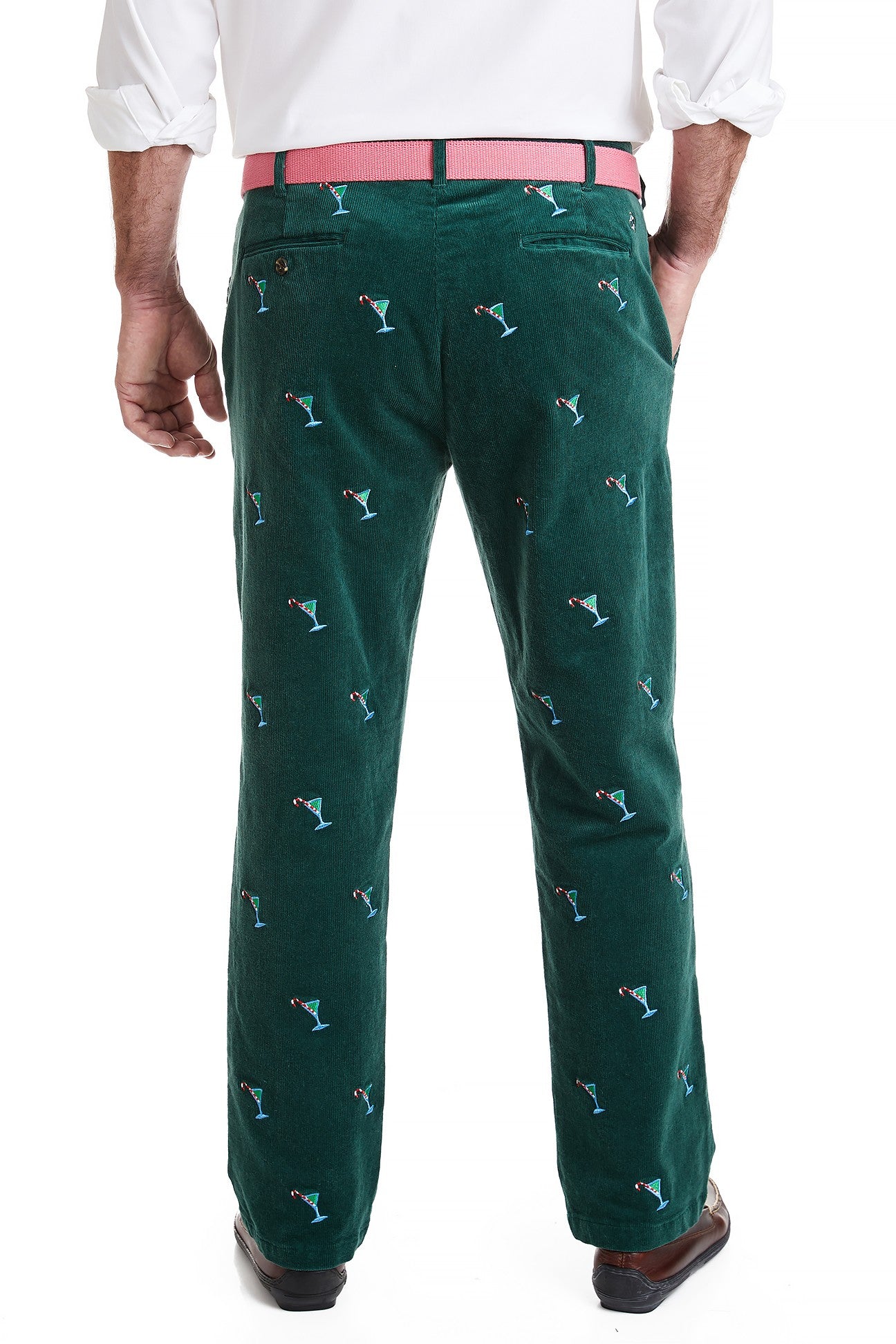 Men's Embroidered Bwachcomber Cordury Pants Martini and Candy Cane Hunter Green