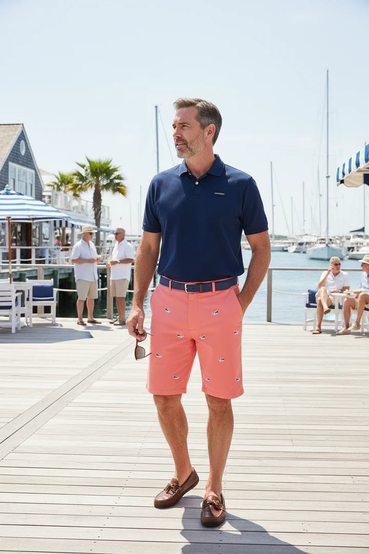 Men's Embroidered Shorts Great White Shark on Sunset Orange