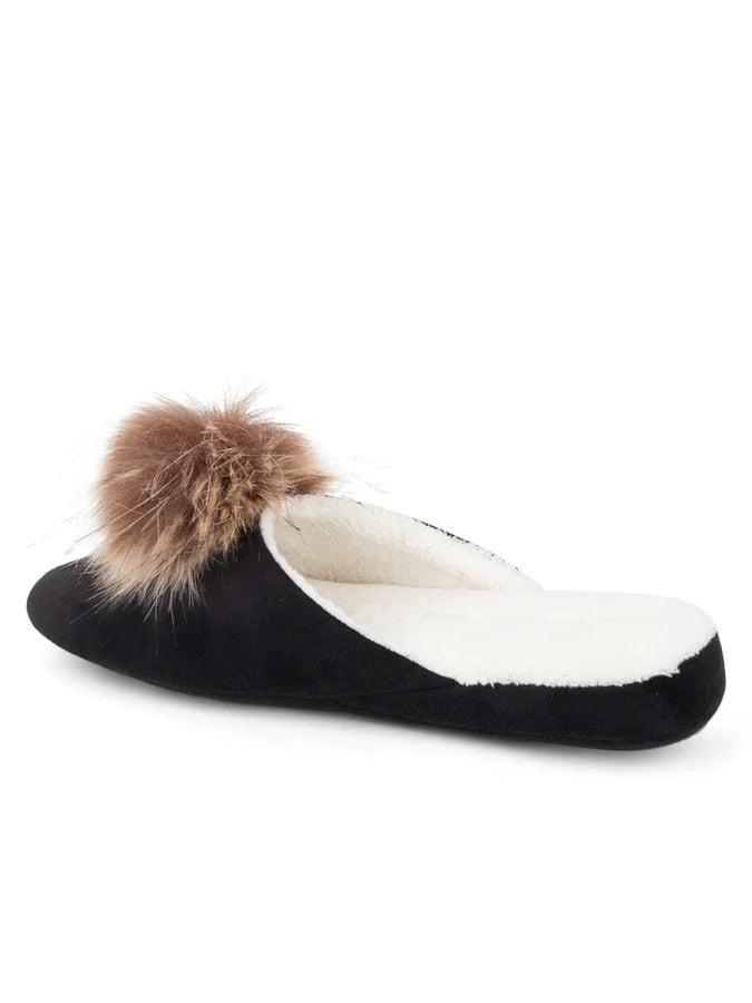 Side view of Black Velvet  slipper showing white wool lining