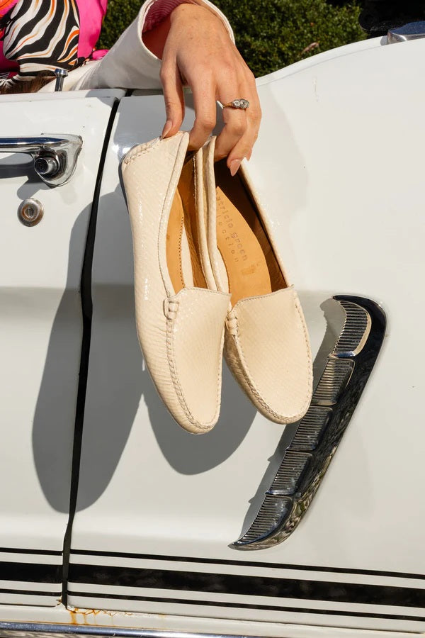 Jillian Driving Moccasin Snake Leatheather  Cream by Patricia Green