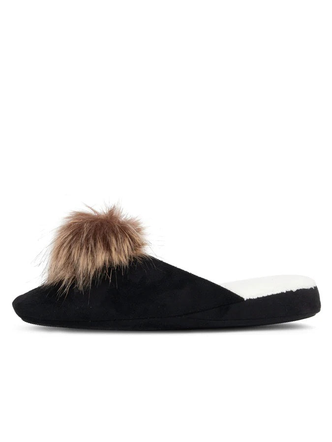 Velvet  slipper with a brown fur pom-pom on a black background