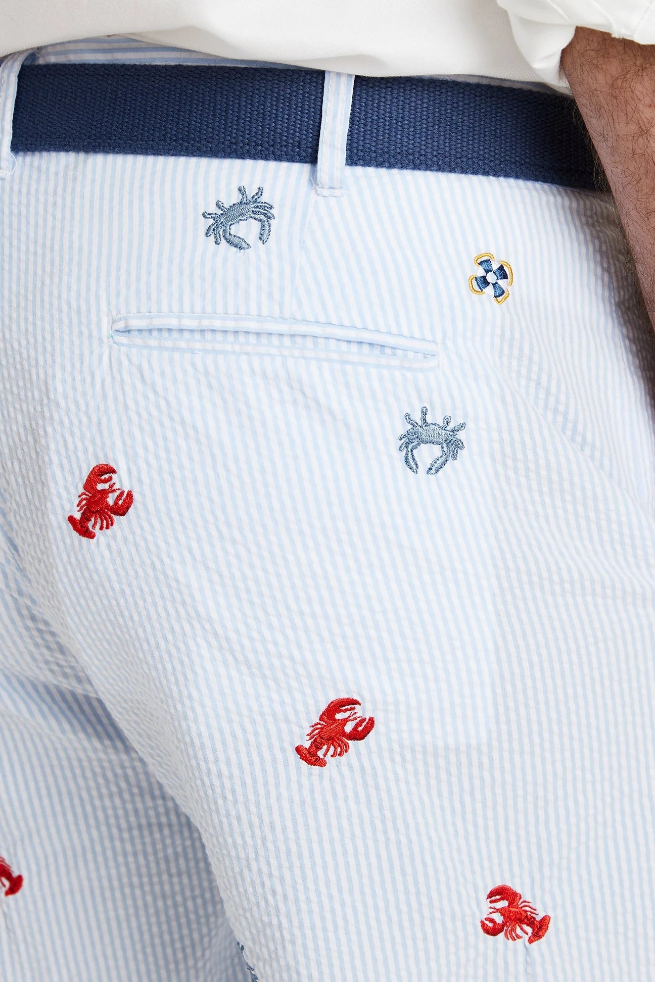 Men's Embroidered Pants Crabs and Lobster B blue Seersucker