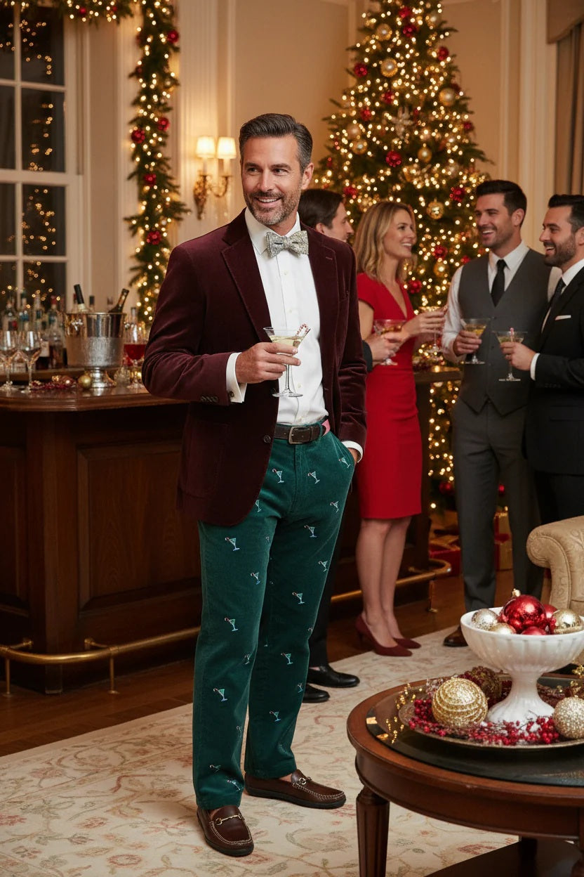 Men's Embroidered Bwachcomber Cordury Pants Martini and Candy Cane Hunter Green