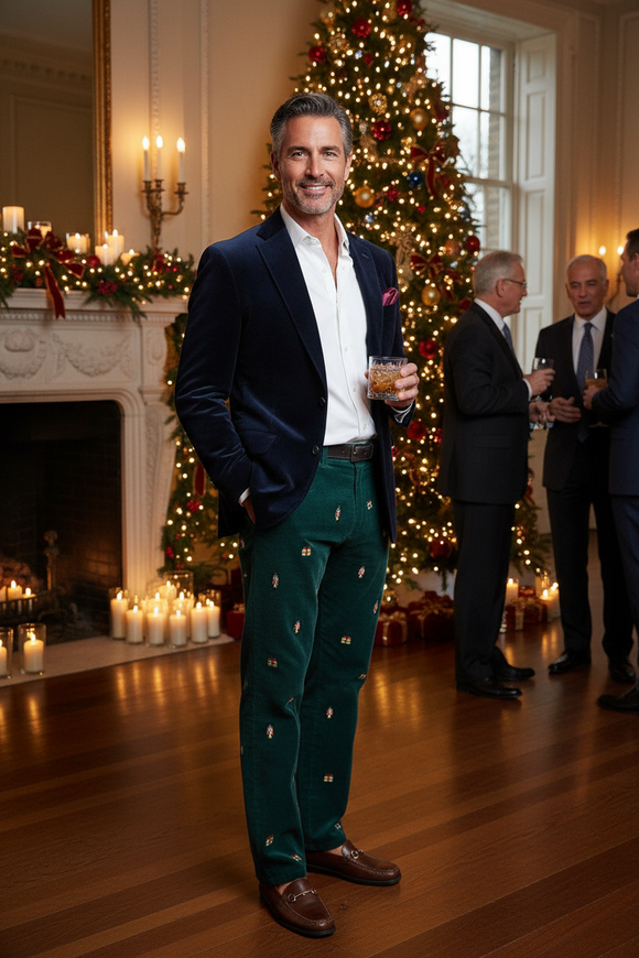 Men's Embroidered Beach Comber Corduroy  Pants Nutcracker on Hunter Green