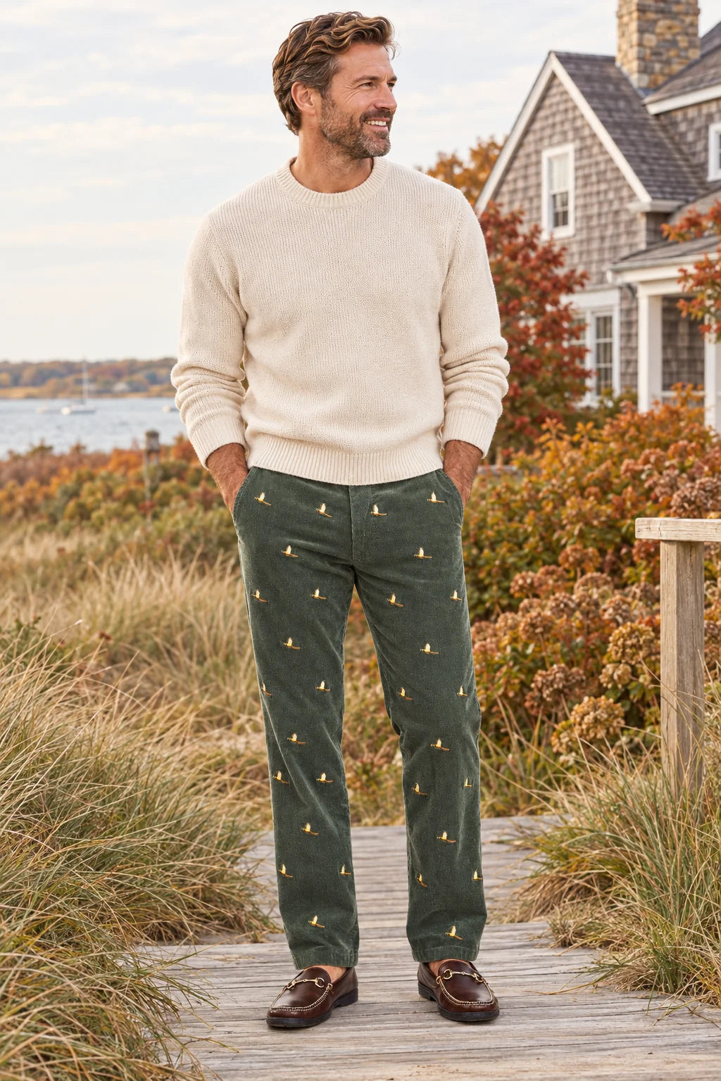 Man dressed in hunter green embroidered pants with Peasant