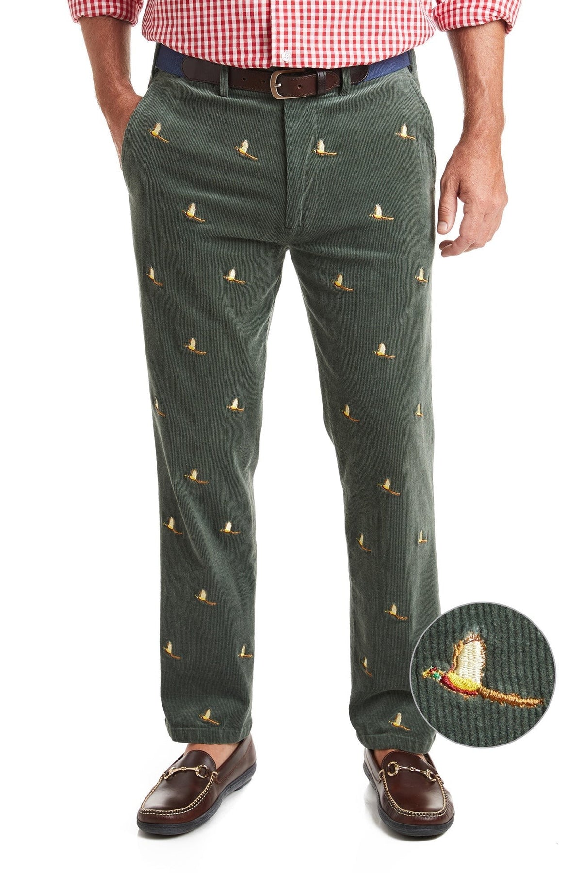 Men's Beach Combe Eembroidered Corduroy Pants Hunter Green Pheasant Hunt
