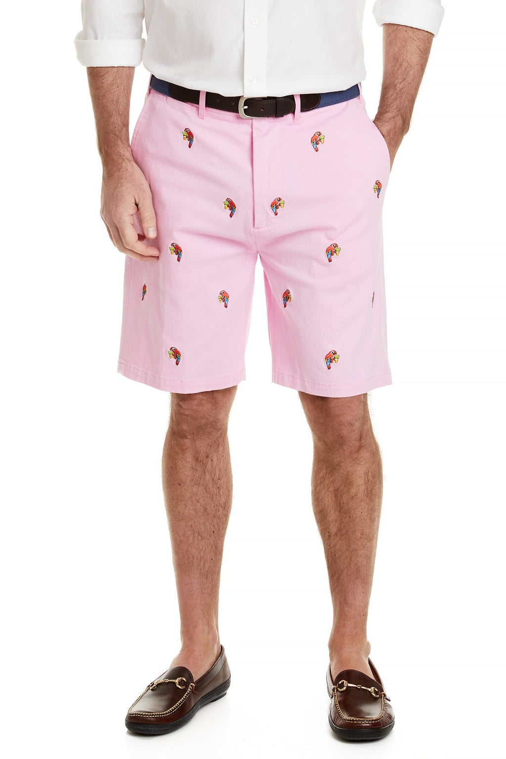 Mens' Popular Embroidered Shorts Parrot on Pink