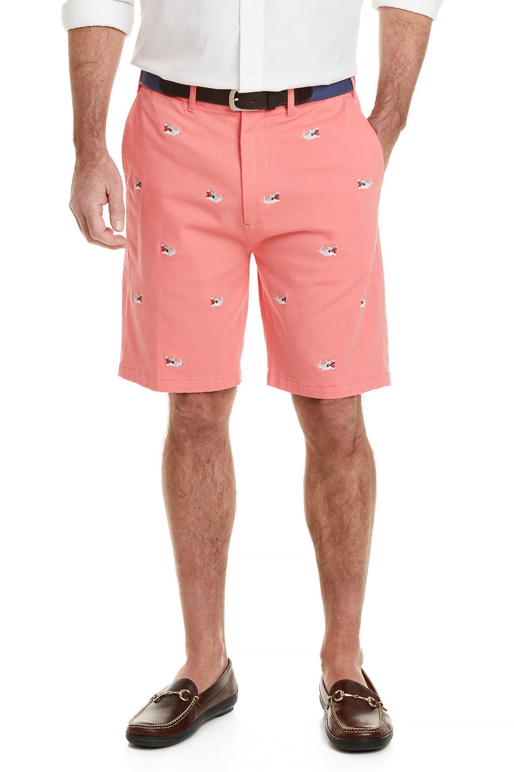 Men's Embroidered Shorts Great White Shark on Sunset Orange