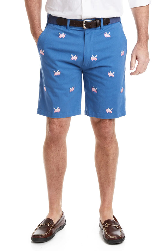 Men's Cisco Embroidered Shorts Pink Pigs on Ocean Blue
