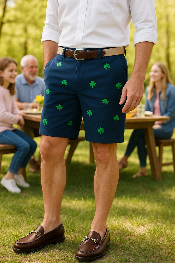 Men's Popular Embroidered  Shorts Shamrock on Navy