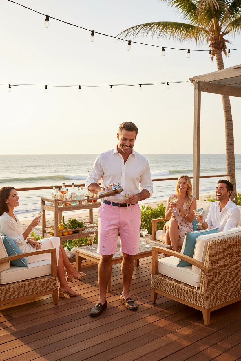 Men's Popular  Embroidered Shorts  Martini and Shaker on Pink