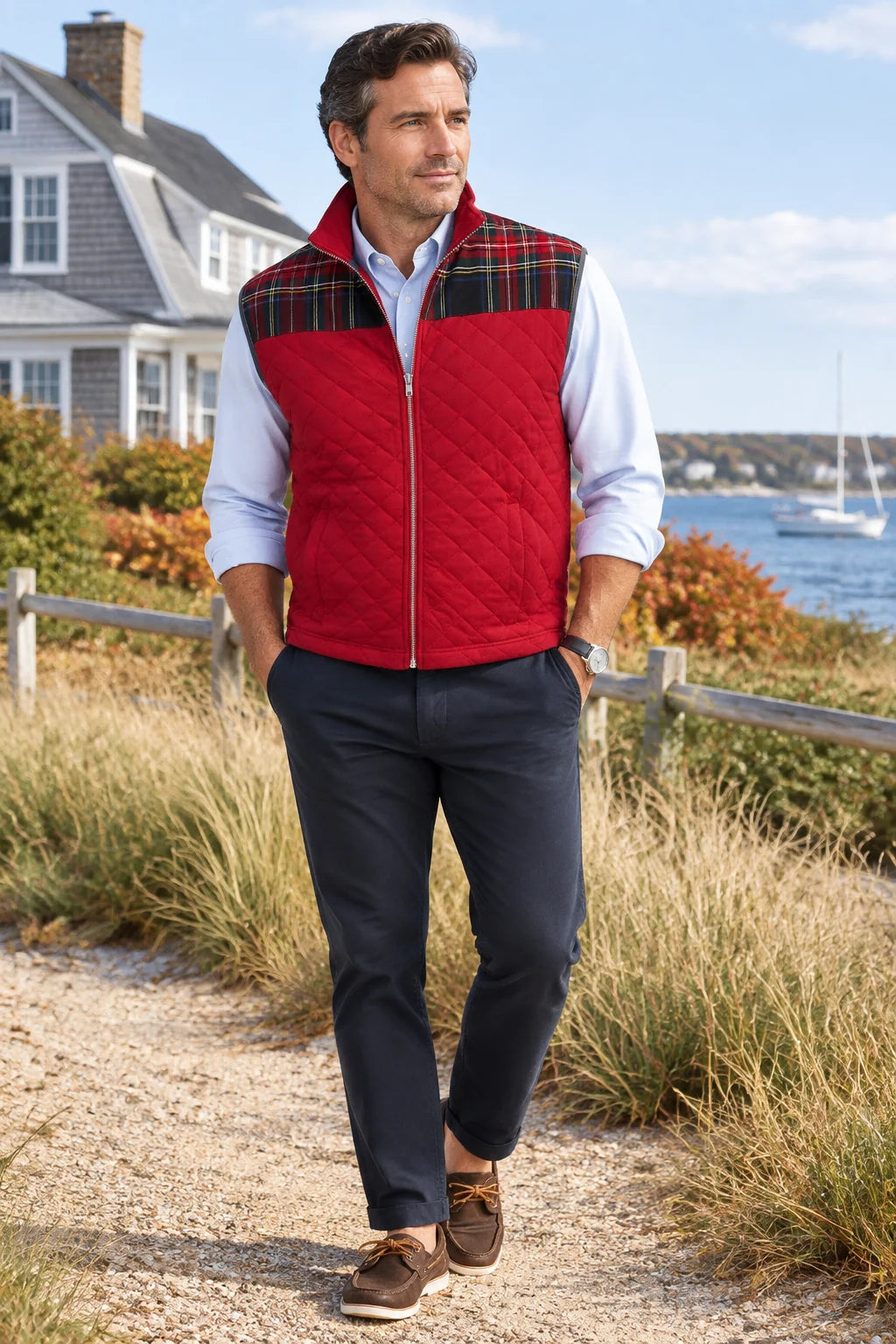 A man wearing a red quilted zip-front vest with black and green plaid shoulder panels, a light blue dress shirt, navy pants, and brown boat shoes, standing on a beach path with a house and water in the background.