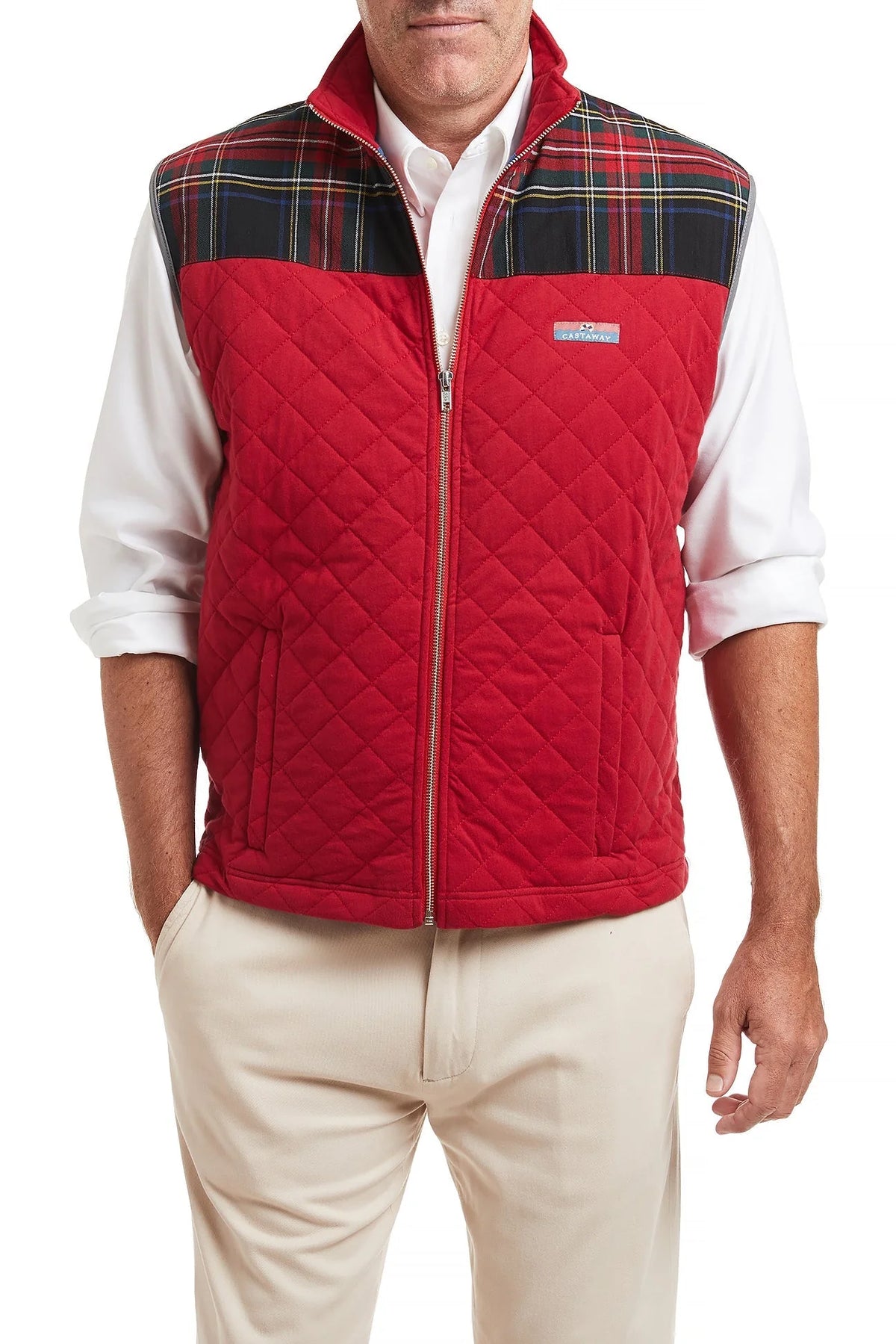 Men's Cross RipQuilted Vest Regatta Red with Tartan Trim