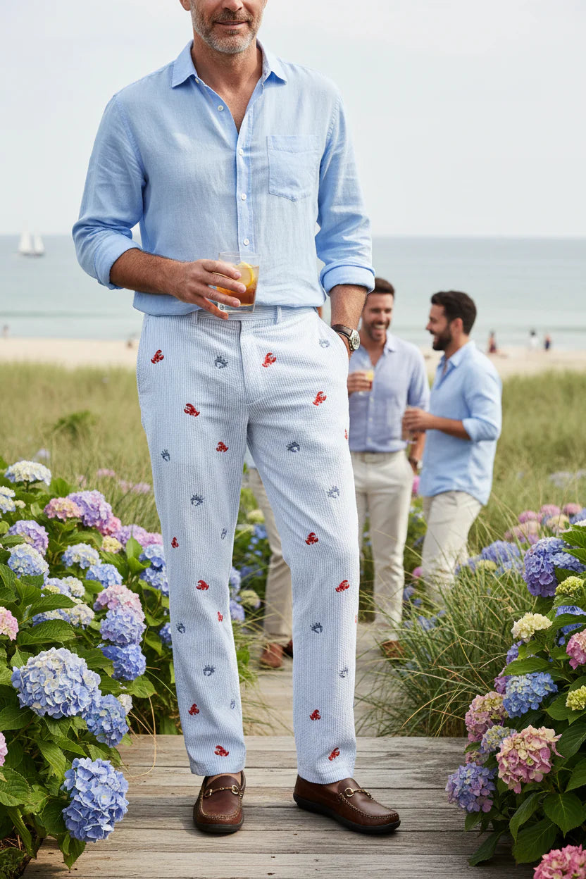 Men's Embroidered Pants Crabs and Lobster B blue Seersucker