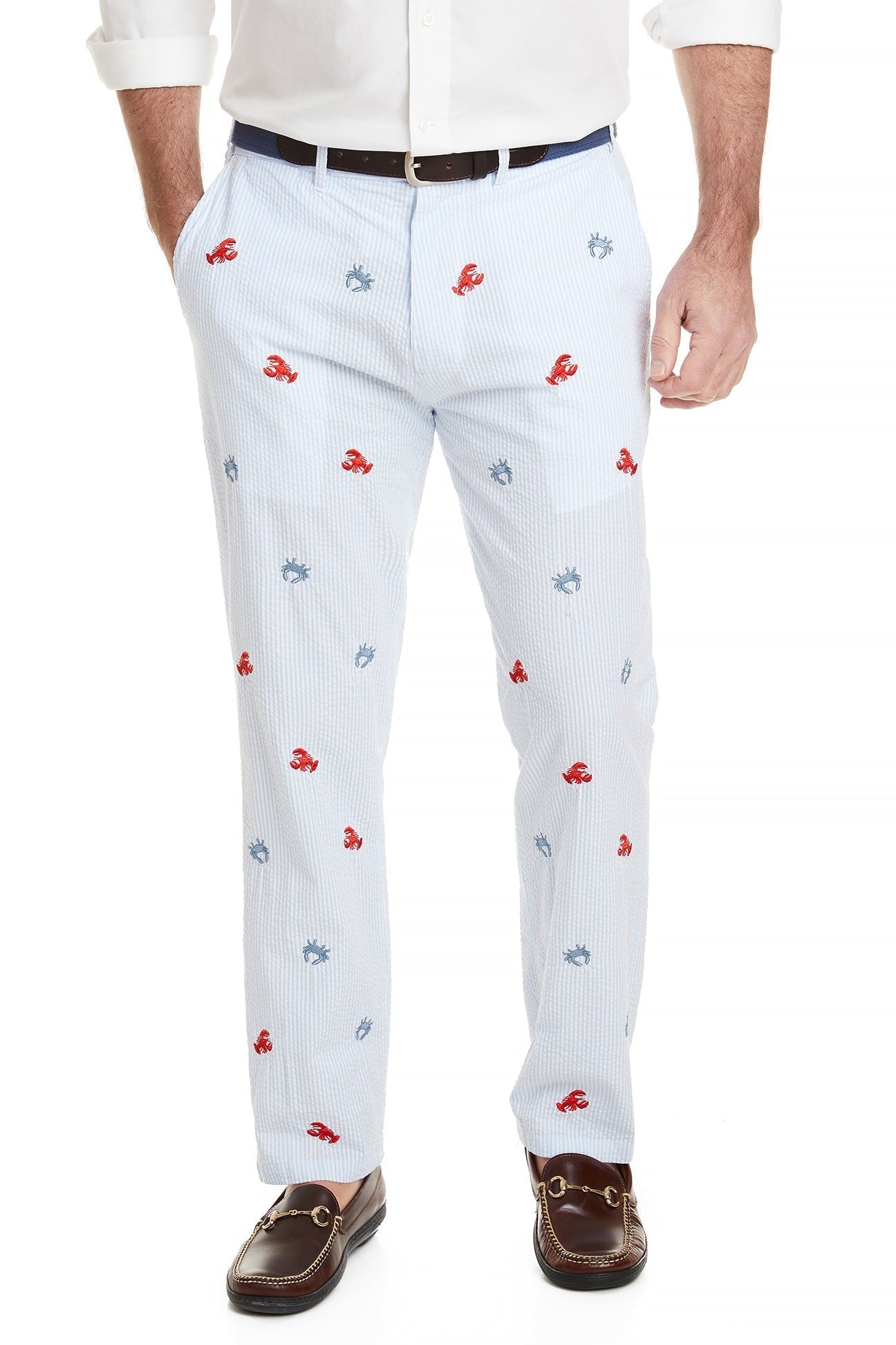 Men's Embroidered Pants Crabs and Lobster B blue Seersucker