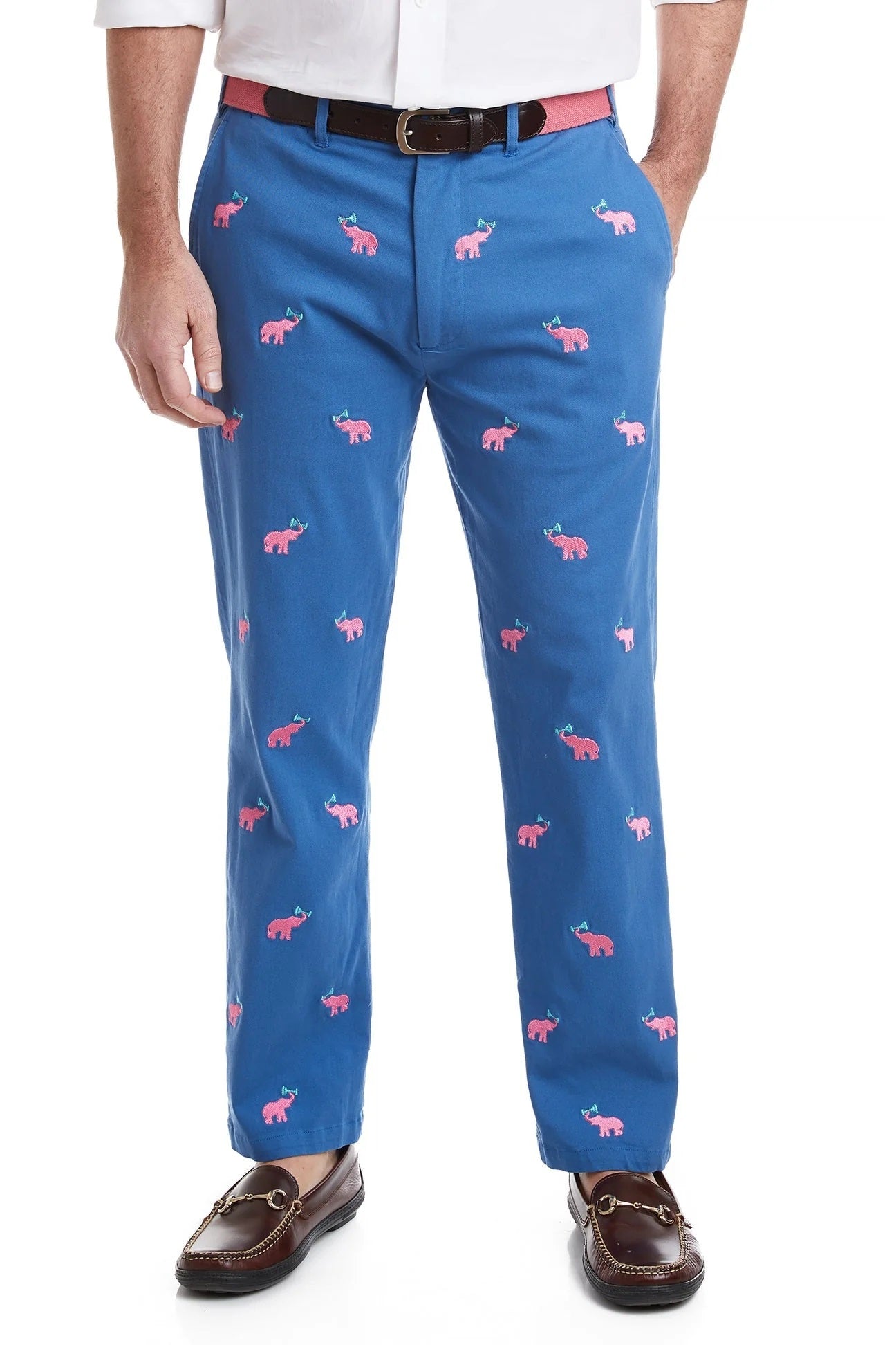 Men's Popular EmbroideredTwill PantsOcean Blue with Pink Elephants