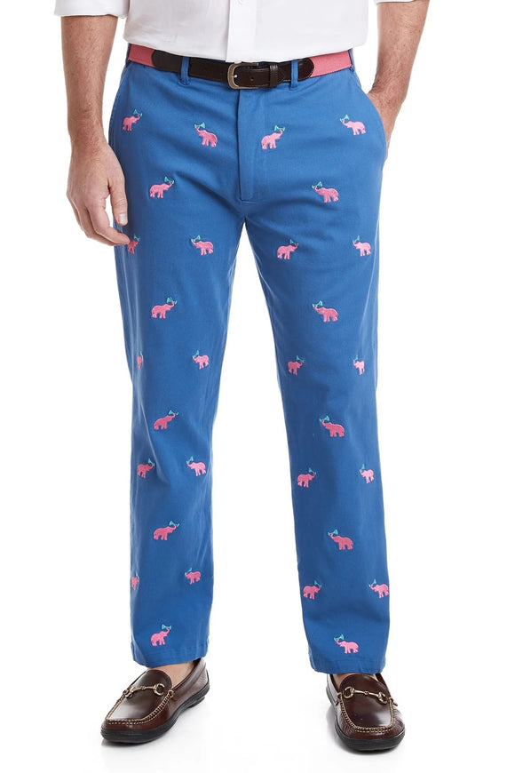 Men's popular Embroidered HarborTwill PantsPants Ocean Blue with Pink Elephants