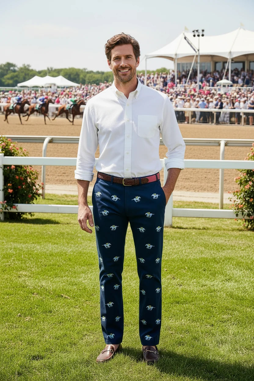 Man wearing Navy Harbor Oint Stretch Twill embroidered with race horses in pastel color
