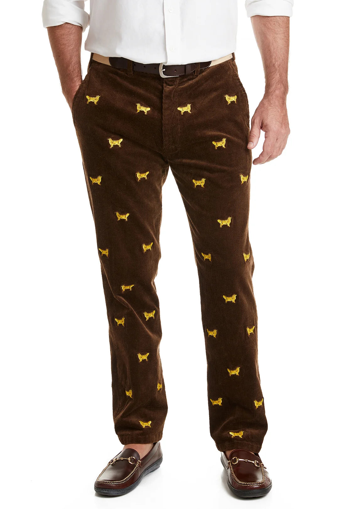 Men's Embroidered Corduroy Pants Brown with Golden