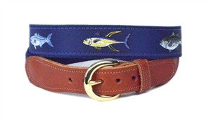 Men's Salt water big fish cutom canvas ribbon belt shows the big four Tuna, Stipe Bas, Blue Fish and Marlin  on navy ribbon and webbing. Completed with leather tabs a nd a brass buckle.