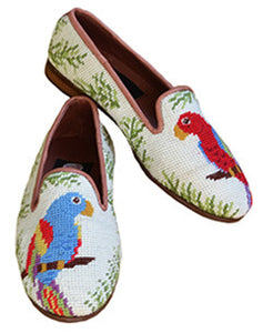 The parrot needlepoint loafer is a Jimmy Buffet favorite. It can be yours as well.This little beauty has two parrots hand sewn sitting on their perch in color combinations of red and light blue.It is finished with greenery growing along the shoe. Best in class.