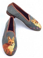 Hand Stiched Fox head Needlepoint Shoe seen at every Hunt club party