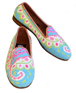 <img src="needlepoint loafer.jpeg "alt="misses handstiched paisley needlepoint loafer in pink and blues">