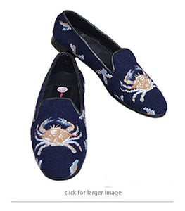 <img src="needlepoint loafer.jpg" alt = Maryland blue crab handstitched in great detail in a  soft wheat, and blues on a navy background">