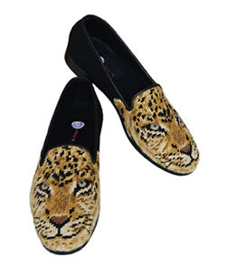 The beautiful hand-stitched Cheetah loafer  is leather lined and completed with a composite sole and 1/2 heel. The Chetah face is so real withy green shaded eye that look right at you