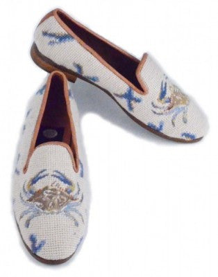 Misses Maryland Blue Crab needlepoint shoe is a classic on every shore. It features a dusty crab hand stitched a with blue pinchers and mini pinchers around the side of the shoe