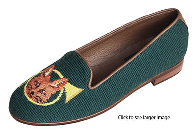 The little brown fox has a comfotable seat resting in thhe gold horn. Another great loafer to wear after the Hunt. Leather trimmed and lined on sage green background.