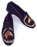 Misses popular Horsehead Needlepoint loafer combines comfort and design. Head is captured in a gold colored wreath and shade with colors of brown and tobacco with a white forheld, so realistic.