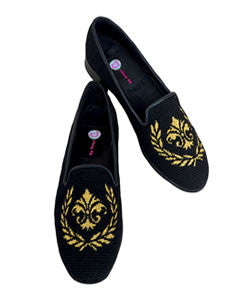  This is an elegant hand stitched black needlepoint loafer that has a hand sewn gold metallic fleur d isle design on rhe toe of the shoe. Such a beautiful combination that will travel well.