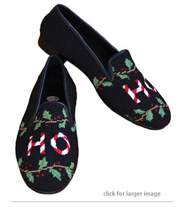 Black hand stitched needlepoint shoe outlined with red berries and holly leaves lets you know the Holiday season is near. Pary perfec with red and white HO Ho across the center of the shoe
