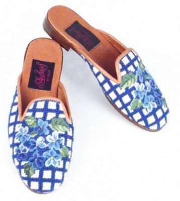 By Paige Needlepoint Floral Collection Mule Blue Hydrangea + Designs by Lillie