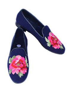 Misses Handstitched  Needlepoint Loafer Peony on Navy