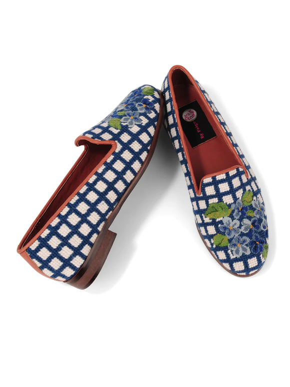 By Paige Hand-Stitched Needlepoint shoes Blue Hydrangea