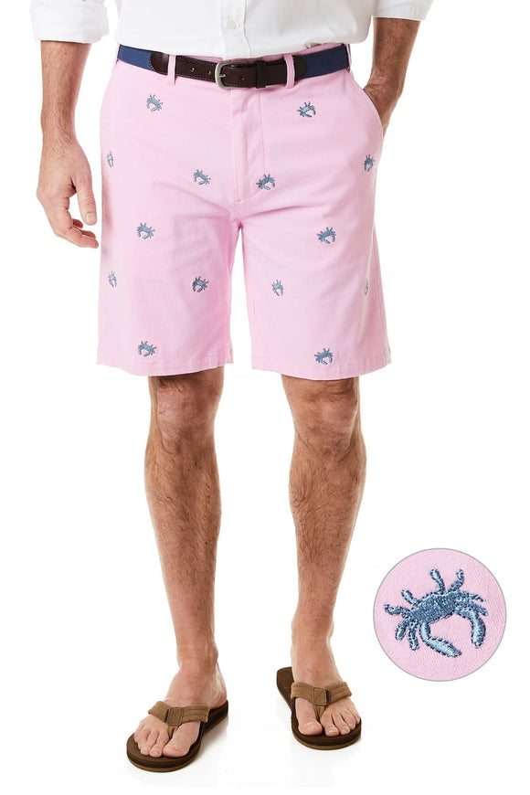 Men's Embroidered Shorts Blue Crab on Pink