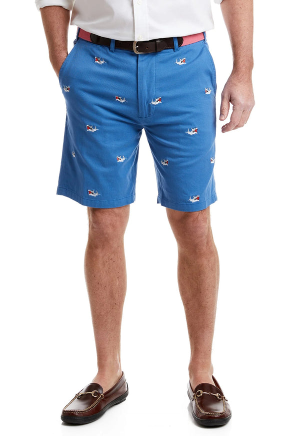 Men's Embroidered Shorts Shark on Ocean Blue