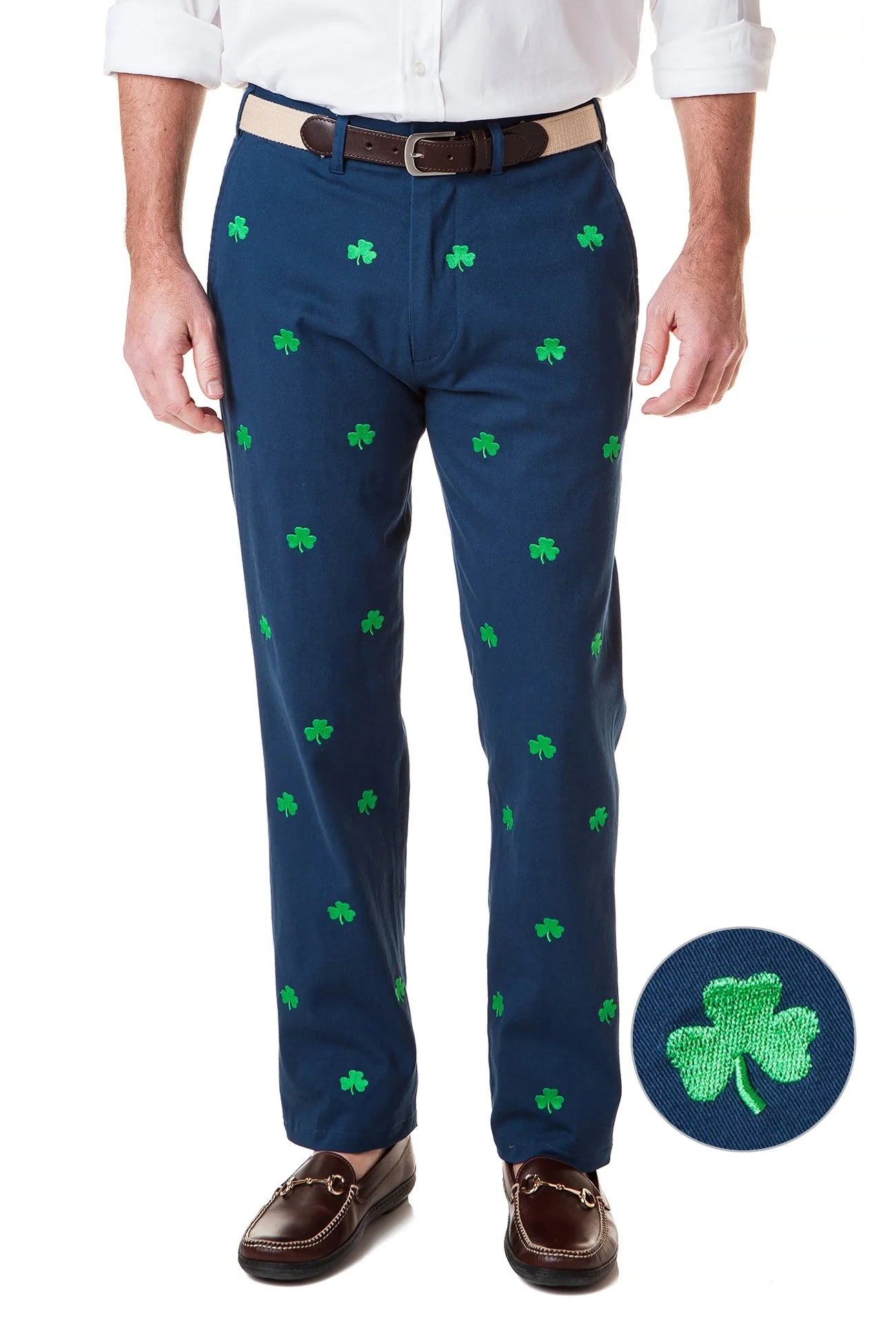 Men;s Popular Embroidered Pants Shamrock on Navy| Designs by Lillie