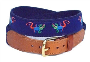 Men's cool colorful gecko ribbon belt is another Designs by Lillie Exclusive. It is stitched on navy webbing with leather and a brass buckle.