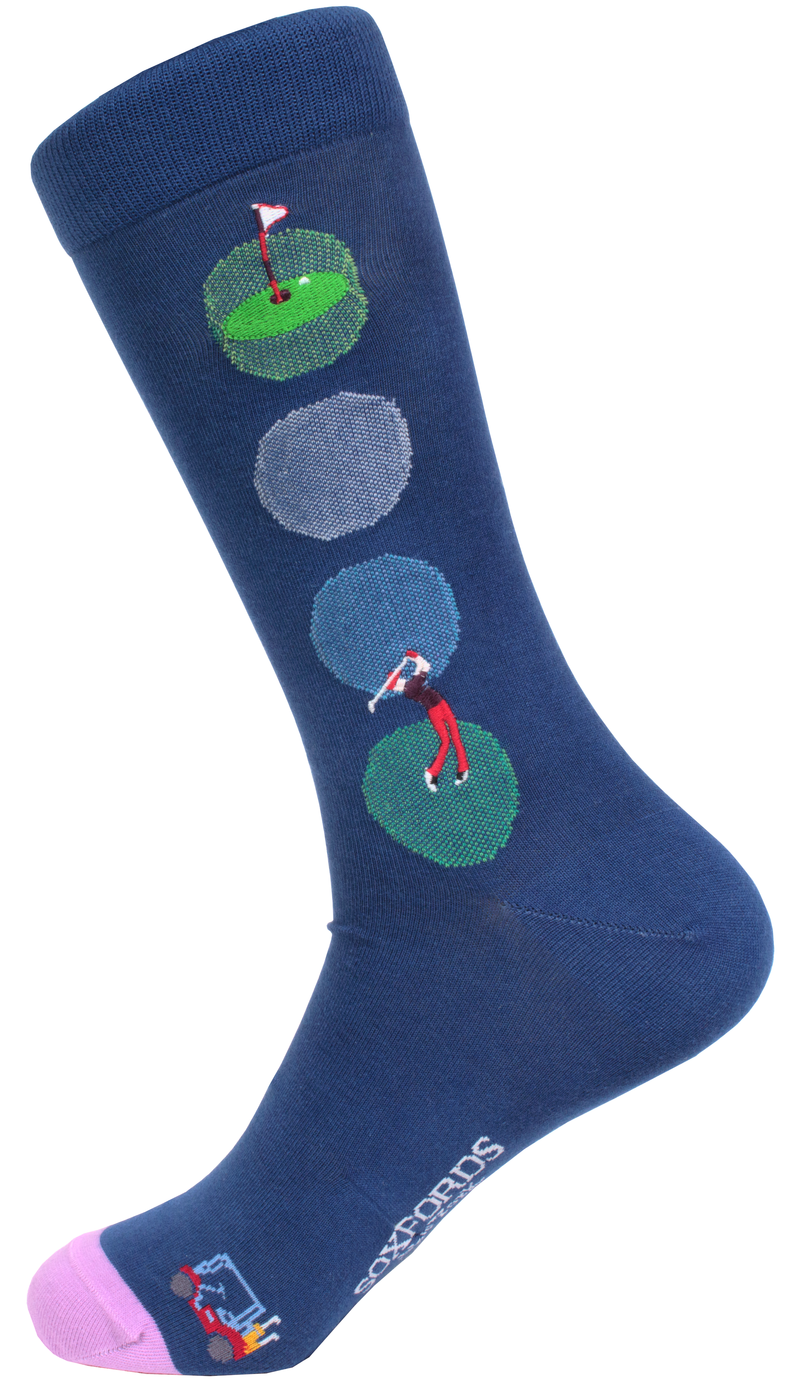 Blue socks with a minimalist golf course theme.  Large circles represent the putting green, water and sand traps, with detailed embroidery of a golfer and the tee.  One size fits most, comfortably accommodating US men’s shoe sizes 8-1