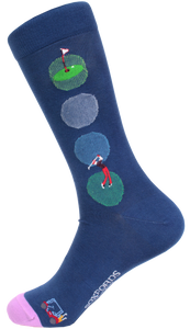 Blue socks with a minimalist golf course theme.  Large circles represent the putting green, water and sand traps, with detailed embroidery of a golfer and the tee.  One size fits most, comfortably accommodating US men’s shoe sizes 8-1