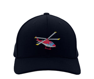 The helicopter embroidered baseball cap  features colors of red, light blue and gray cabin with gray and yellow blades and red landing gear. Perfect gift to fill your granson's imagination