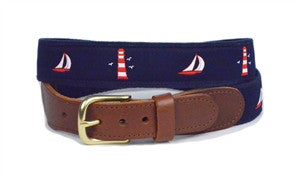 This exclusive design has a calming scene of sailboats  out for a scenic sail with light houses in the distance and sea gulls overheade. Thhe red white and blue color combination makes it an interesting scene on a man's custom canvas ribbon belt.