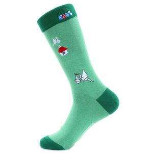 New Dad is such  an  exciting    event. Pull your socks on Man and celebrate. This cool design Green birds-eye pattern socks have a classic style humorously highlighted by an intricately                                                                                                                    embroidered pair of "origami storks" delivering their precious bundles.  Finished with wide ribbed cuffs and extra stretch for comfort, these are the perfect gift for any new or expecting Dad!
