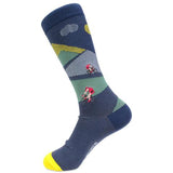 Bike riders dressed in red, compete on a winding mountainside downhill road to win the big prize. The images  are embroidered on a mix of blues and greens in popular peruvian cotton and spandex which maintains its shape. 