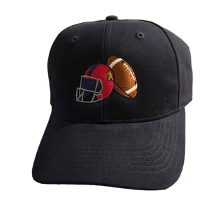 Quality flex fix 6 panel cotton baseball cap with a football design is a Designs by Lillie Exclusive. The brown colored footbal is the perfect companion for the red helmet with a gray face guard.