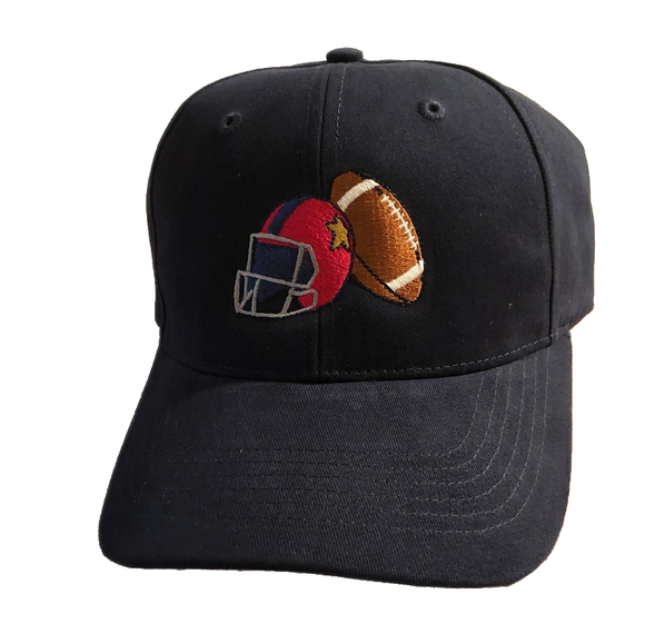 Quality flex fix 6 panel cotton baseball cap with a football design is a Designs by Lillie Exclusive. The brown colored footbal is the perfect companion for the red helmet with a gray face guard.