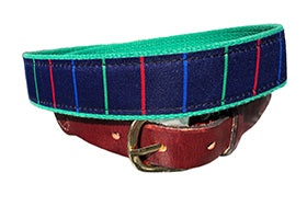 Popular ribbon belt with a colorfu stripe combiation of red blue and grren The woven ribbon is stitch i green or navy webbing with leather tabs and a brass buckle.